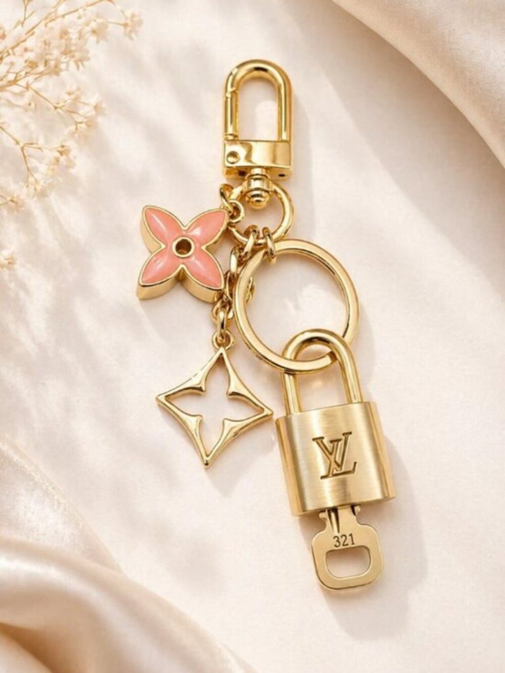 LV Gold Padlock 🔑 Authentic Louis Vuitton Charm + Unbranded Flower Keychain